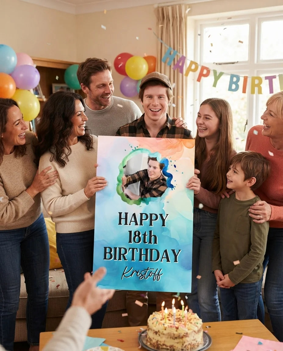 Friends and family celebrating with the personalised Blue Watercolor Theme Birthday Mega Card