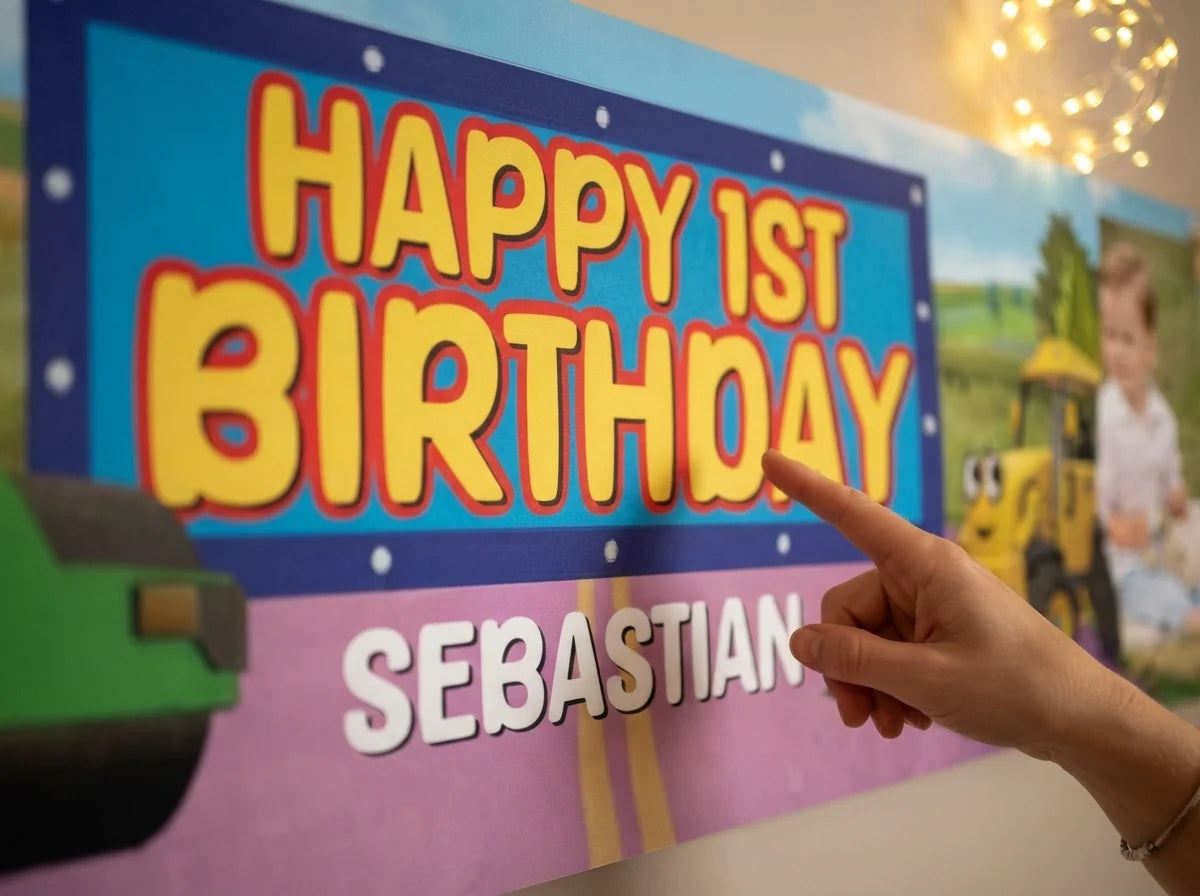 Close-up of the personalised name and photo printed on the Bob The Builder Birthday Banner