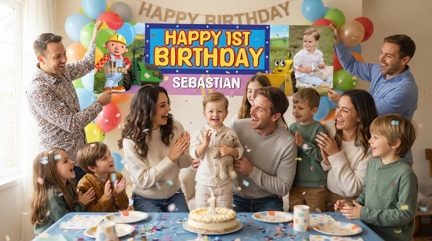Friends and family celebrating with the personalised Bob The Builder Birthday Banner