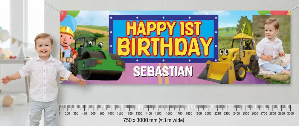 Person standing beside the Bob The Builder Birthday Banner for scale, with size guide showing 750 x 3000 mm