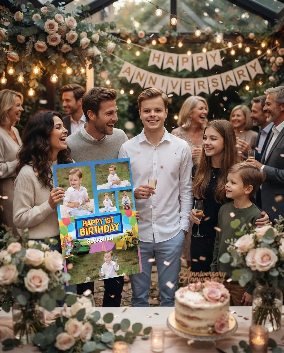 Friends and family celebrating with the personalised Bob The Builder Mega Card