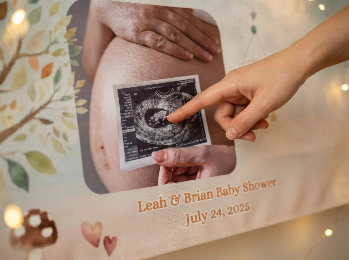 Close-up of the personalised name and photo printed on the Boho and Rainbow Theme Baby Shower Banner