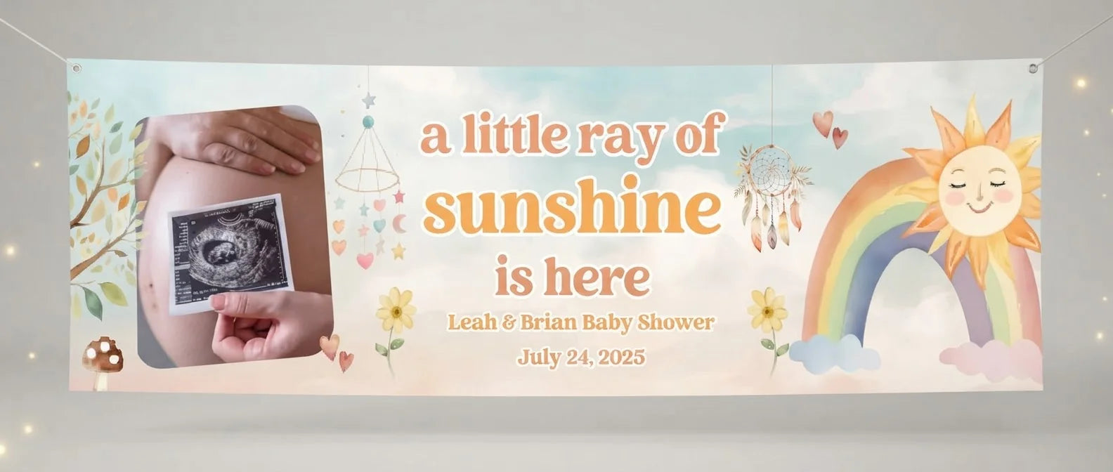 Personalised Boho and Rainbow Theme Baby Shower Banner displayed against a plain studio background
