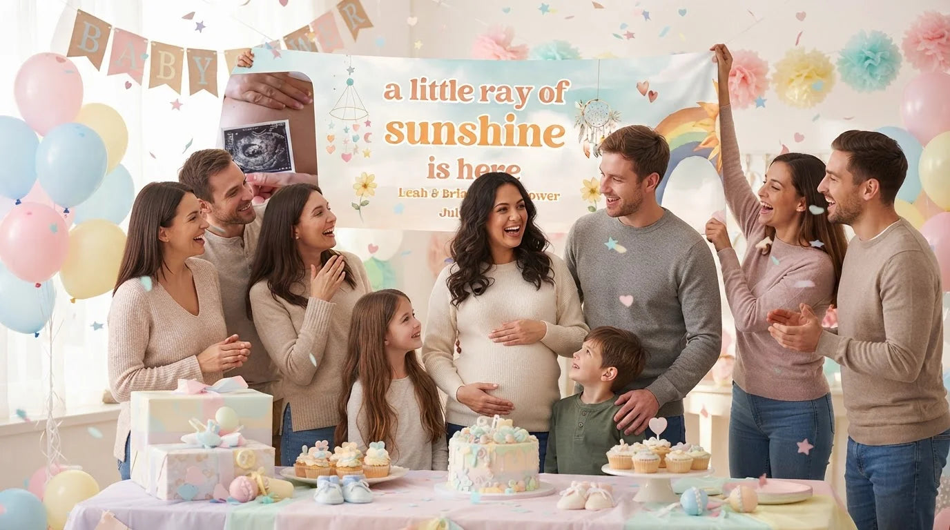 Friends and family celebrating with the personalised Boho and Rainbow Theme Baby Shower Banner