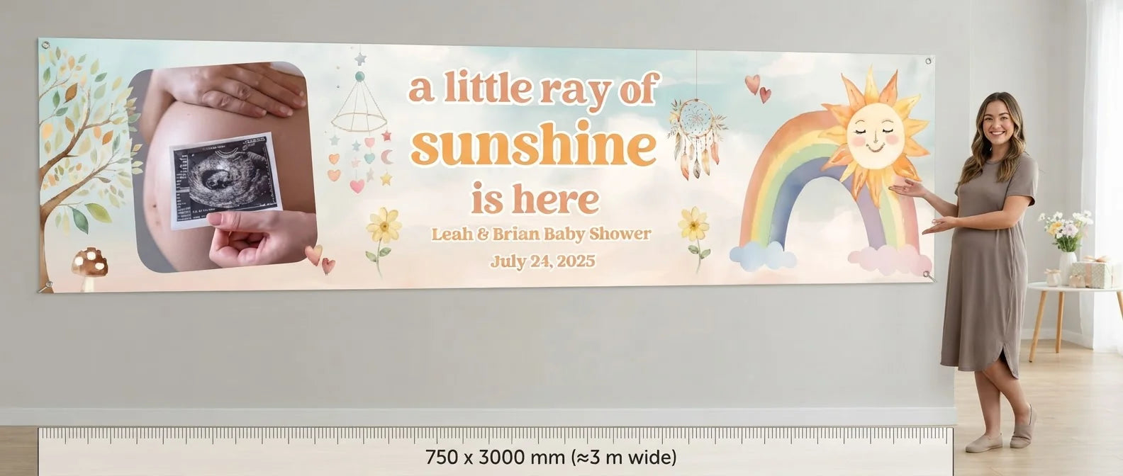 Person standing beside the Boho and Rainbow Theme Baby Shower Banner for scale, with size guide showing 750 x 3000 mm