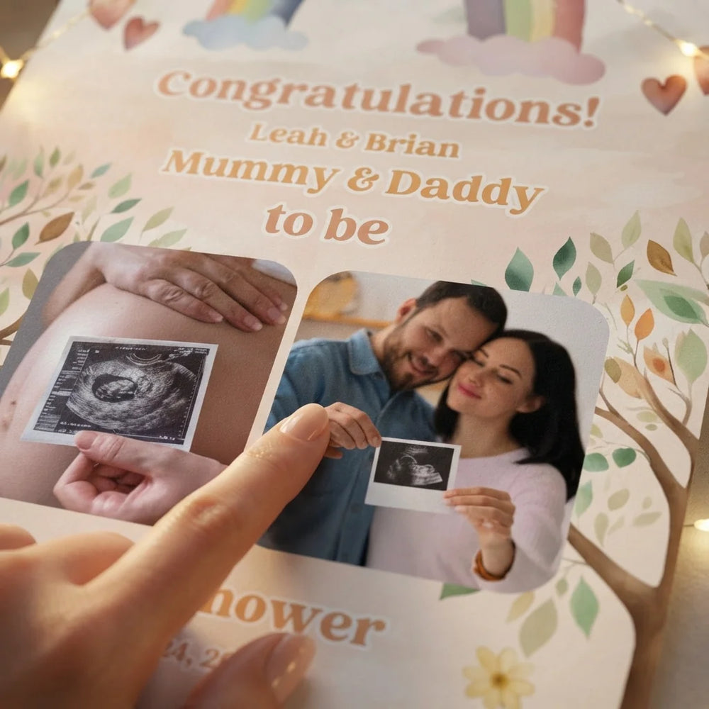 Close-up of the personalised name and photo printed on the Boho and Rainbow Theme Baby Shower Mega Card