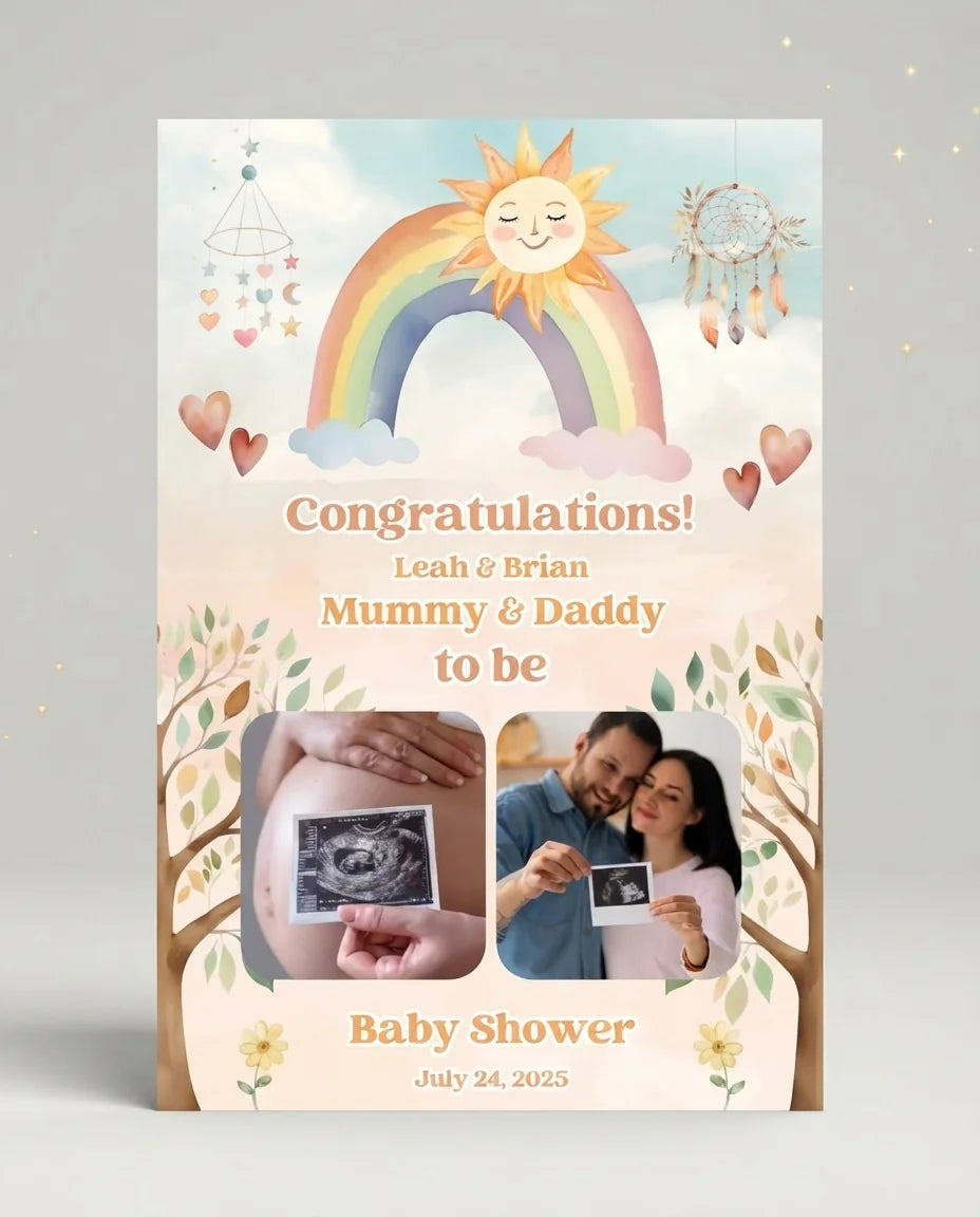 Personalised Boho and Rainbow Theme Baby Shower Mega Card displayed against a plain studio background
