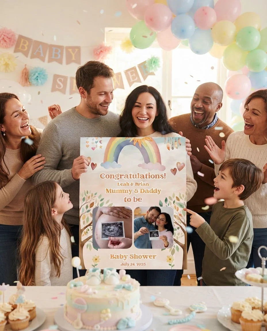 Friends and family celebrating with the personalised Boho and Rainbow Theme Baby Shower Mega Card