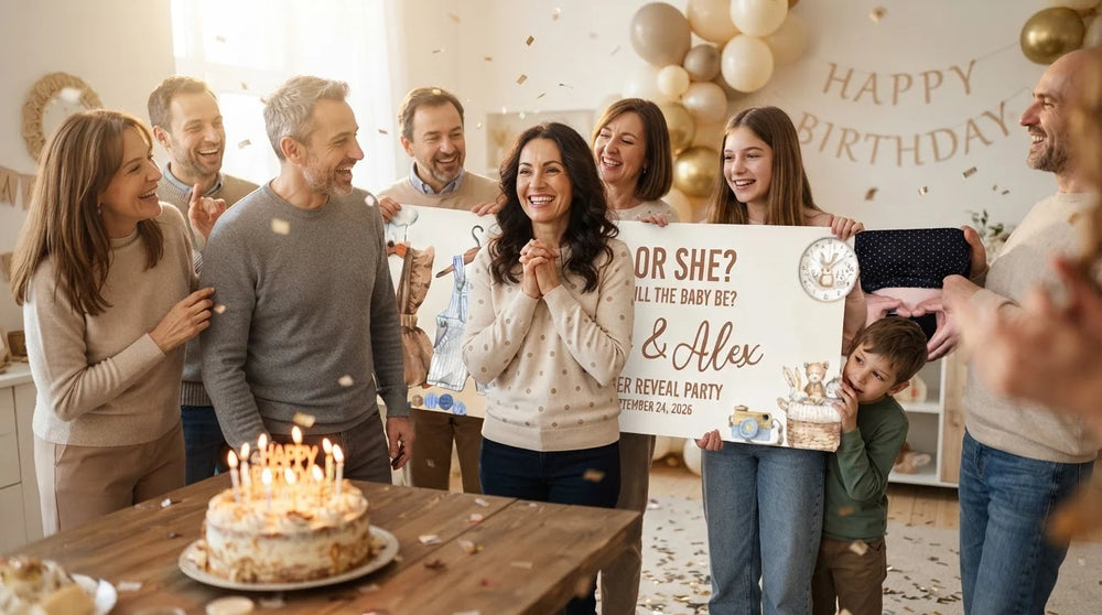 Friends and family celebrating with the personalised Boho Girl or Boy Gender Reveal Party Banner