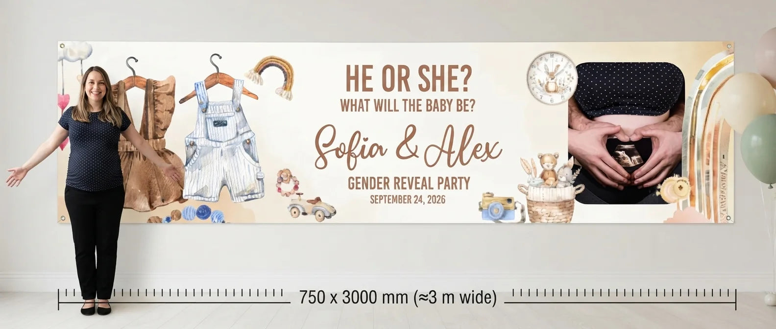 Person standing beside the Boho Girl or Boy Gender Reveal Party Banner for scale, with size guide showing 750 x 3000 mm