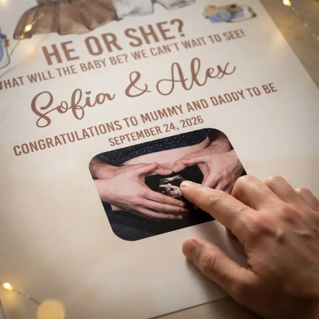 Close-up of the personalised name and photo printed on the Boho Girl or Boy Gender Reveal Party Mega Card
