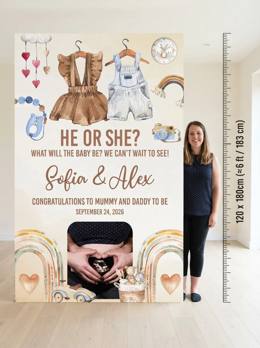 Person standing beside the Boho Girl or Boy Gender Reveal Party Mega Card for scale in a size guide