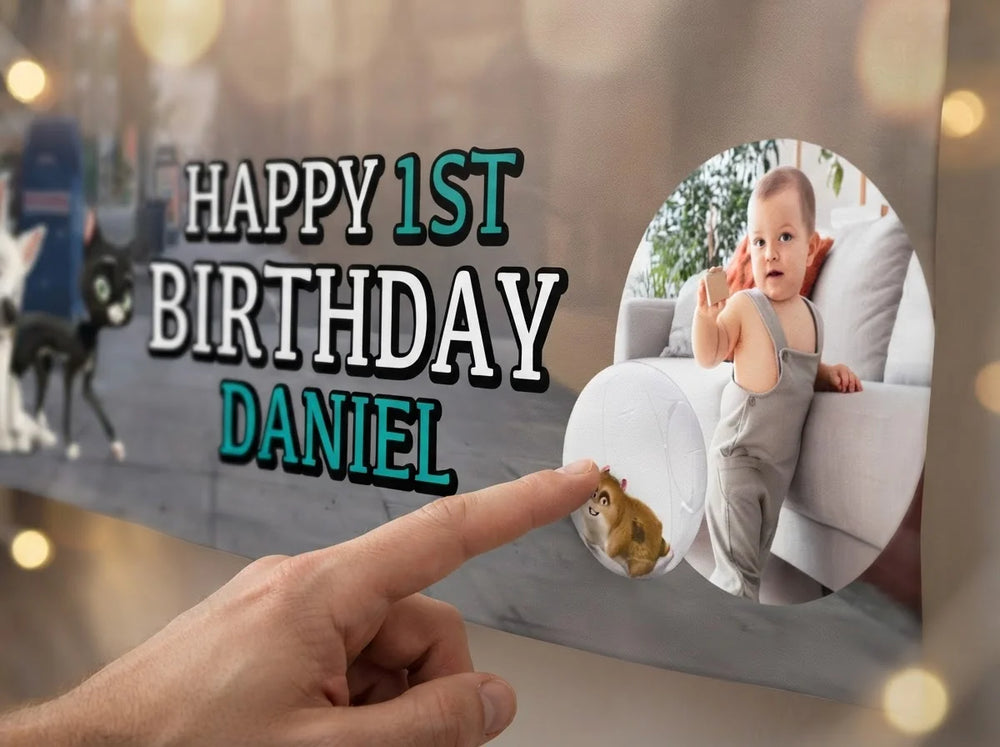Close-up of the personalised name and photo printed on the Bolt Birthday Banner
