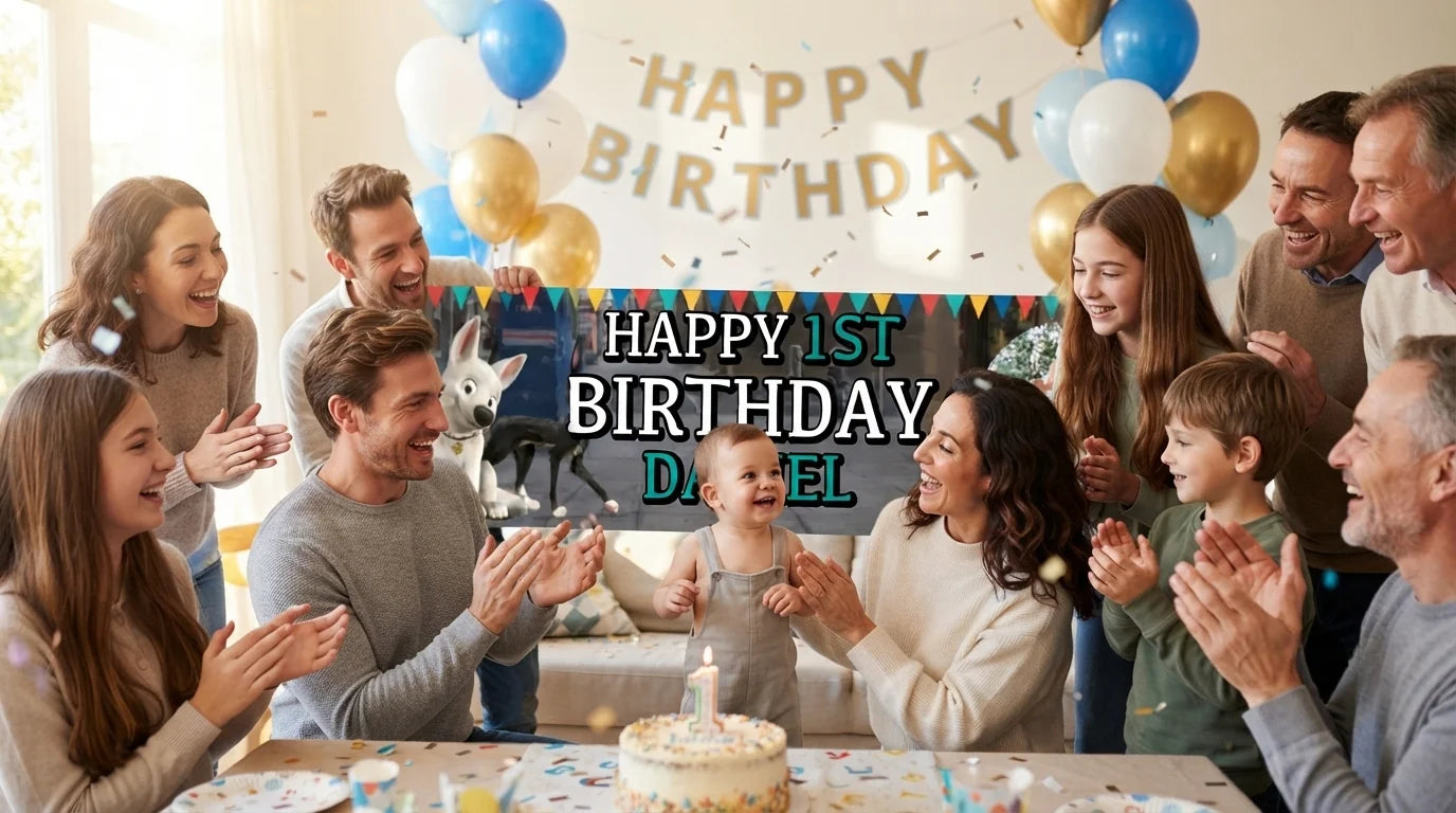 Friends and family celebrating with the personalised Bolt Birthday Banner