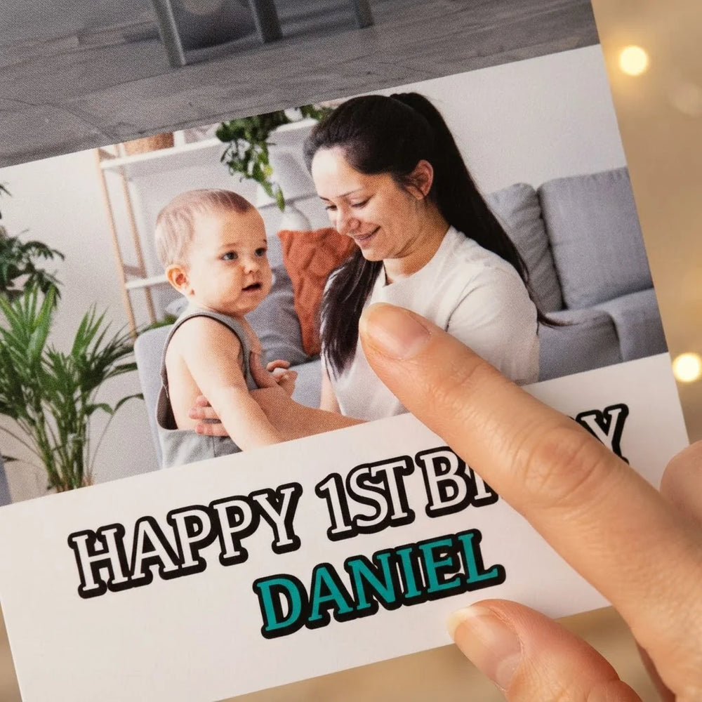 Close-up of the personalised name and photo printed on the Bolt Mega Card