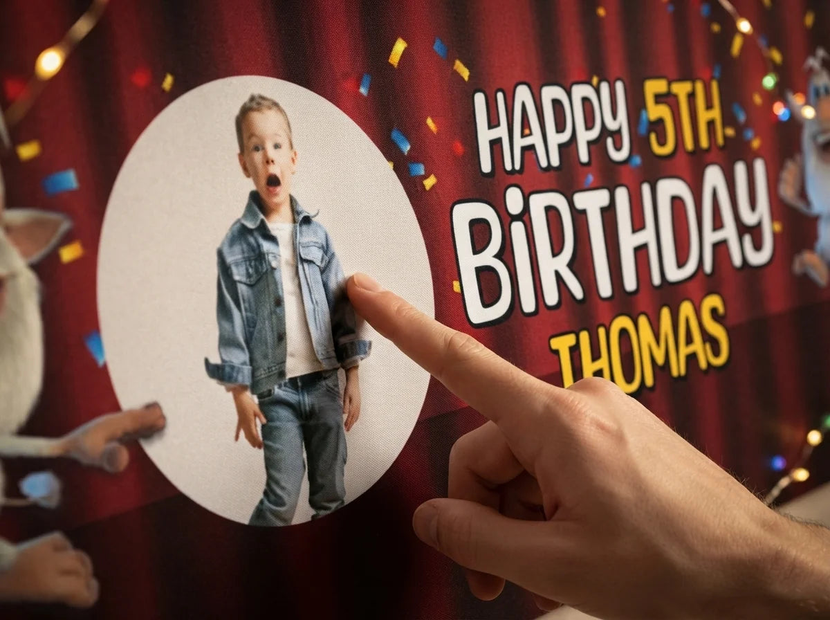 Close-up of the personalised name and photo printed on the Booba Birthday Banner