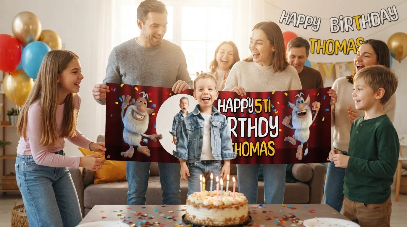 Friends and family celebrating with the personalised Booba Birthday Banner
