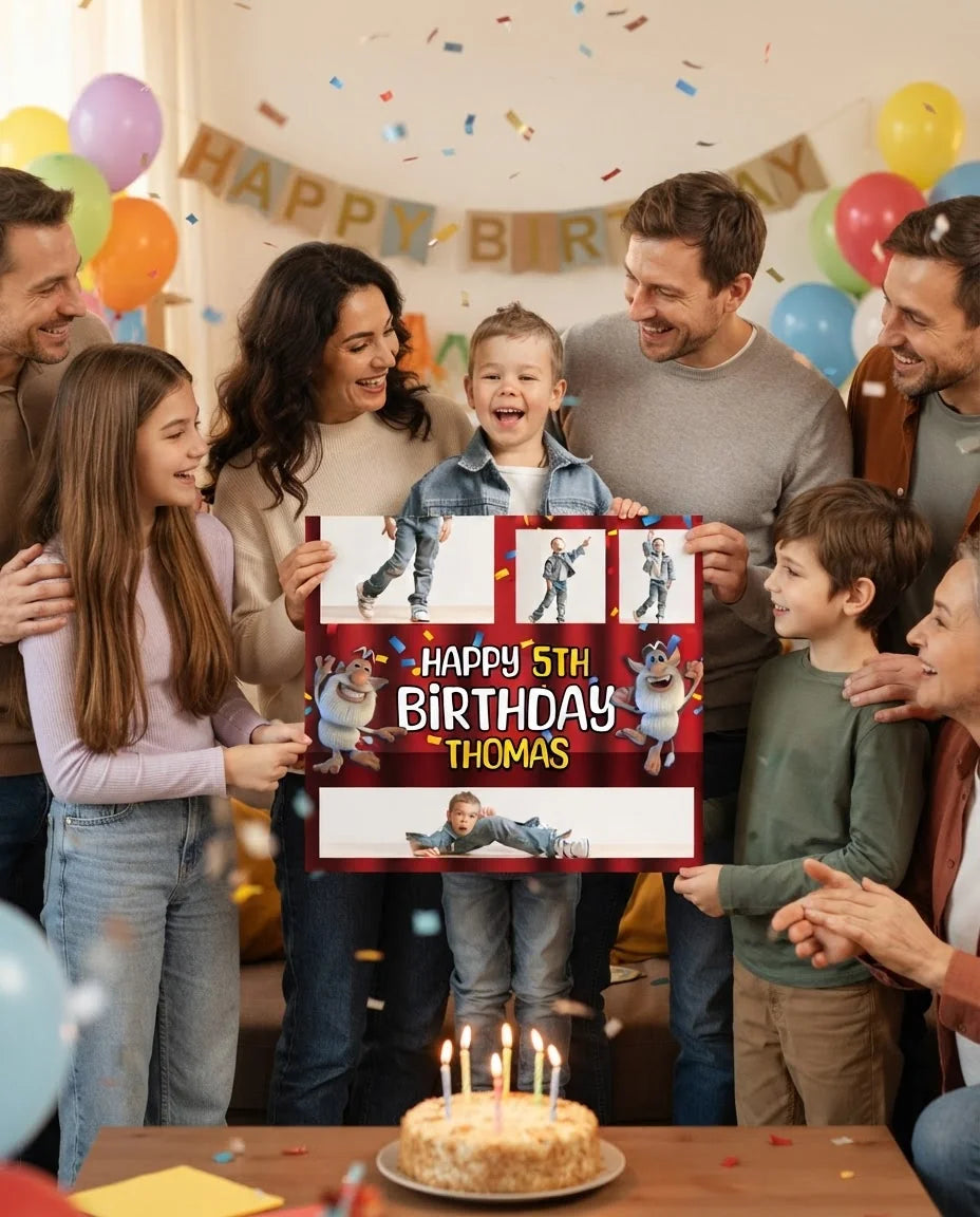 Friends and family celebrating with the personalised Booba Mega Card