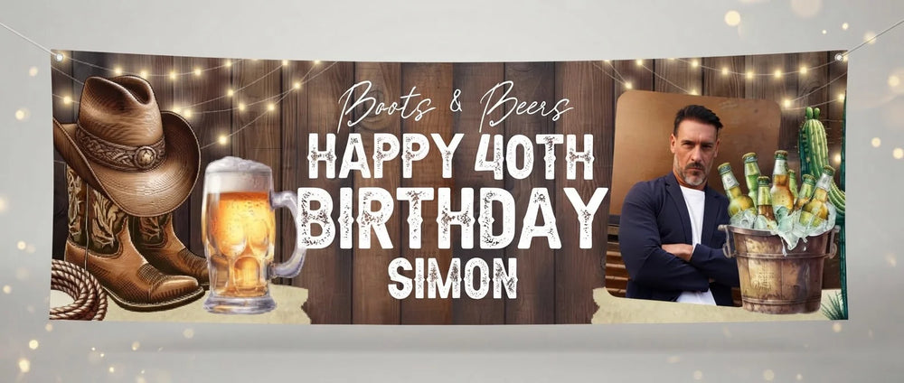 Personalised Boots and Beers Birthday Party Banner displayed against a plain studio background