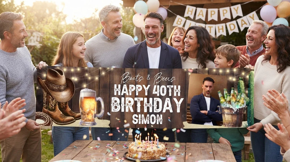 Friends and family celebrating with the personalised Boots and Beers Birthday Party Banner