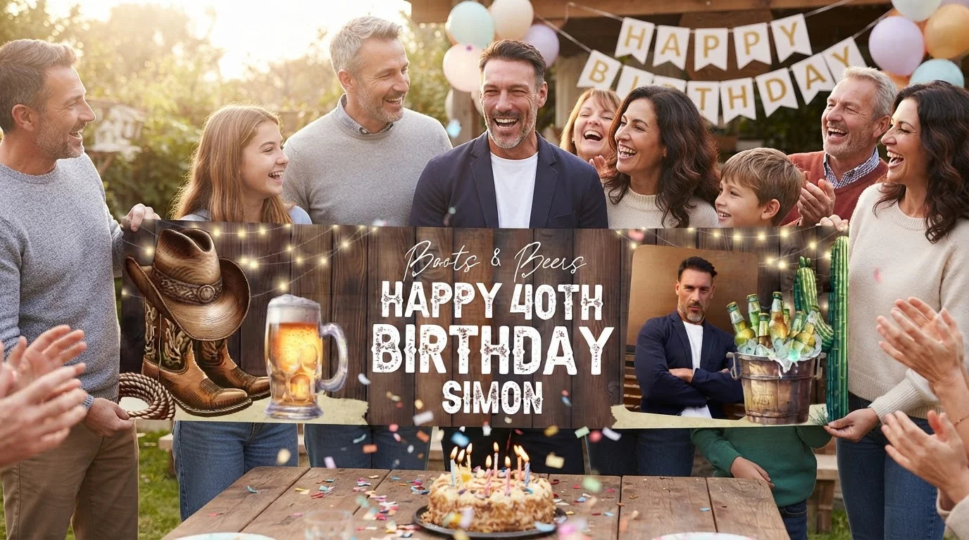 Friends and family celebrating with the personalised Boots and Beers Birthday Party Banner