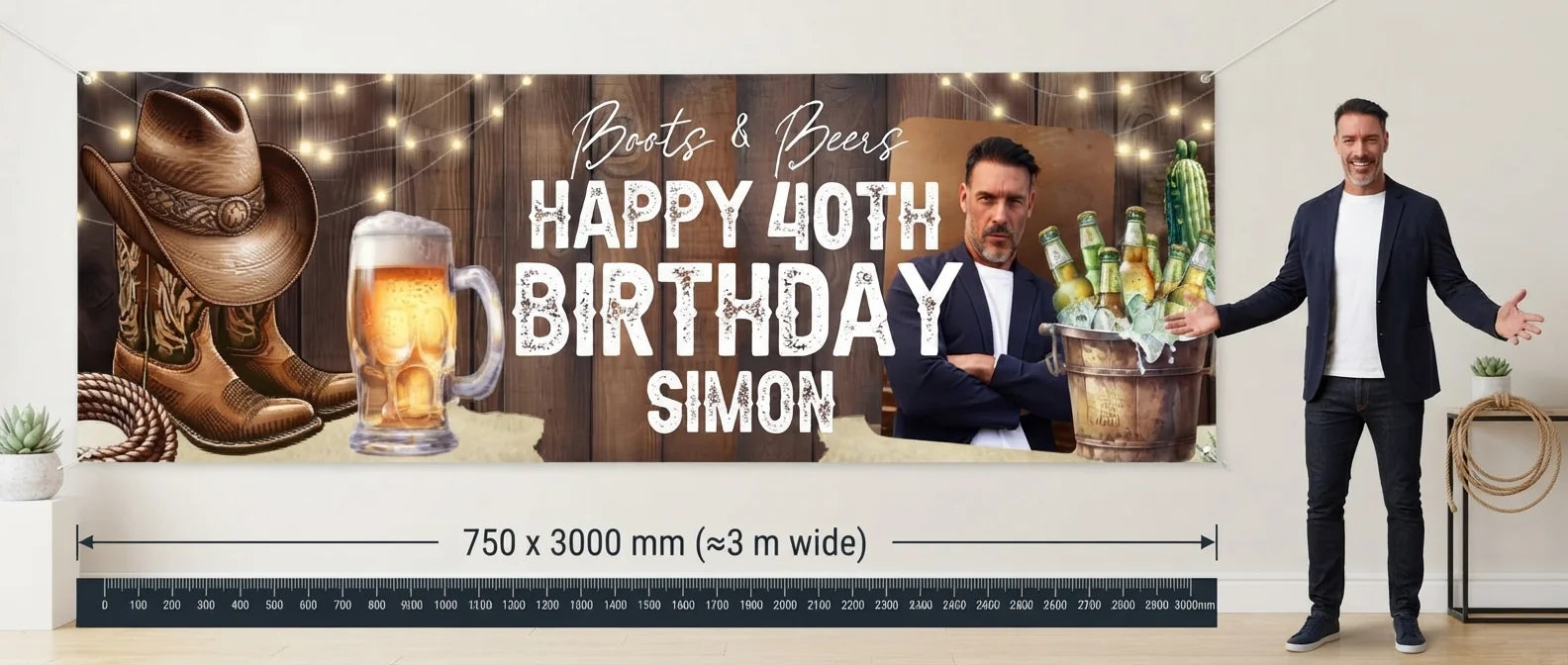 Person standing beside the Boots and Beers Birthday Party Banner for scale, with size guide showing 750 x 3000 mm