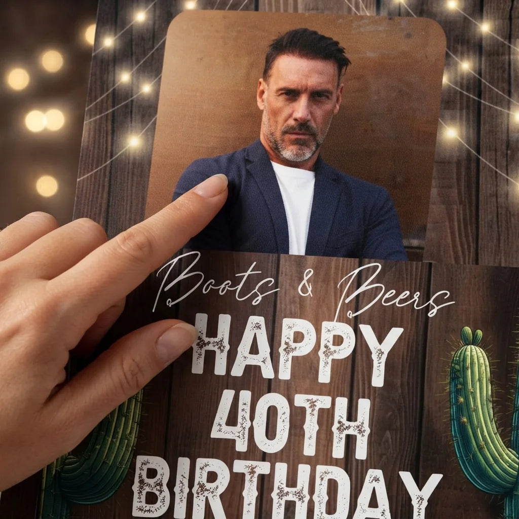 Close-up of the personalised name and photo printed on the Boots and Beers Birthday Party Mega Card
