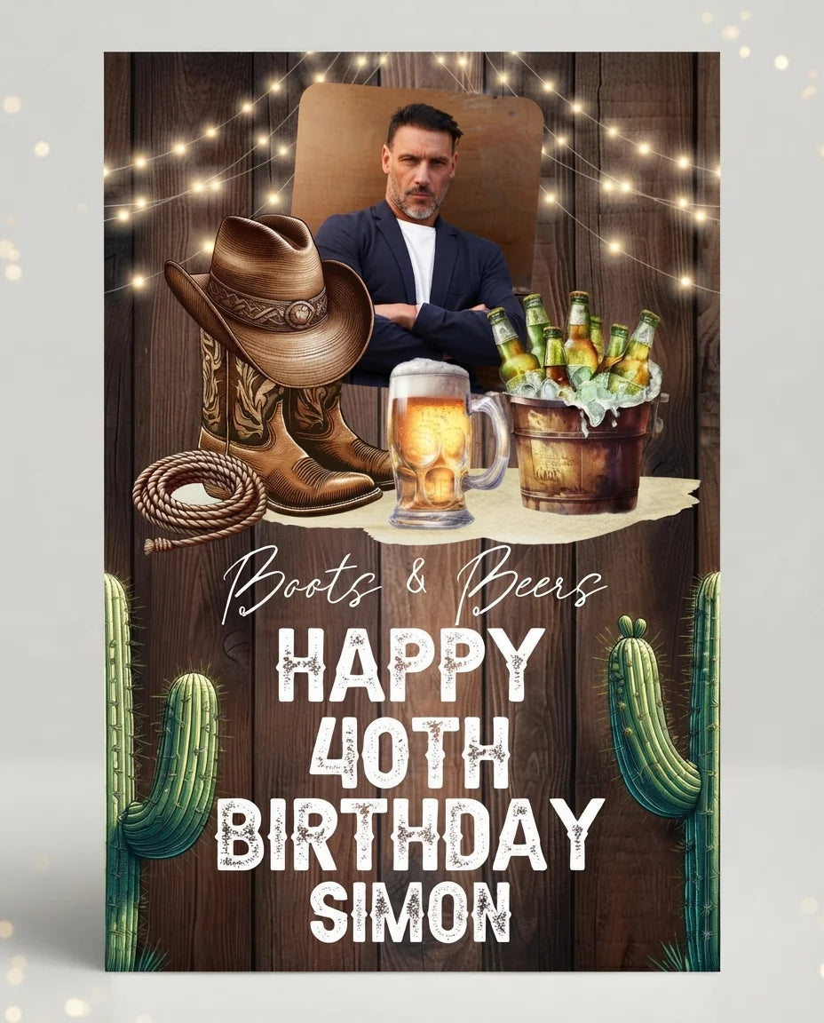Personalised Boots and Beers Birthday Party Mega Card displayed against a plain studio background