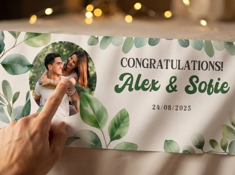 Close-up of the personalised name and photo printed on the Botanical Theme Wedding Banner