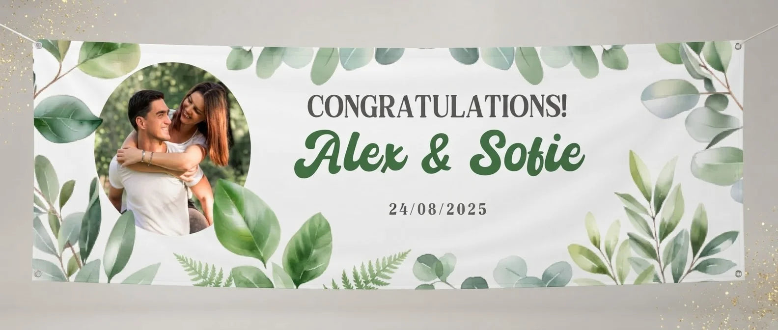 Personalised Botanical Theme Wedding Banner displayed against a plain studio background