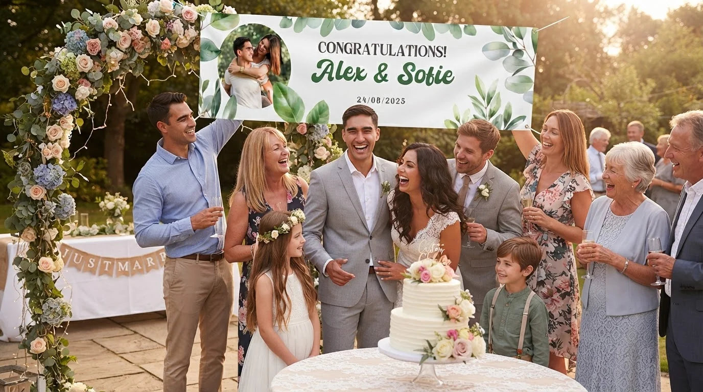 Friends and family celebrating with the personalised Botanical Theme Wedding Banner
