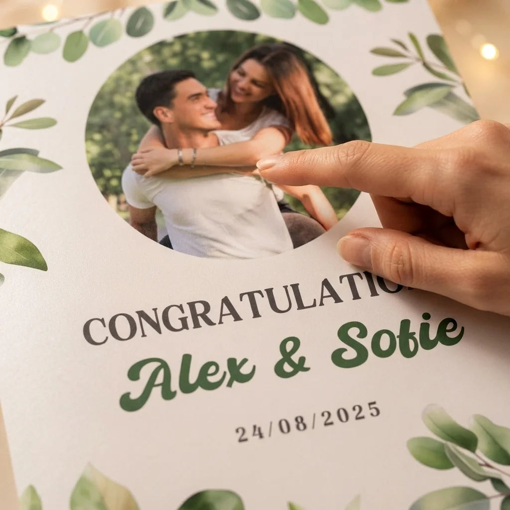 Close-up of the personalised name and photo printed on the Botanical Theme Wedding Mega Card