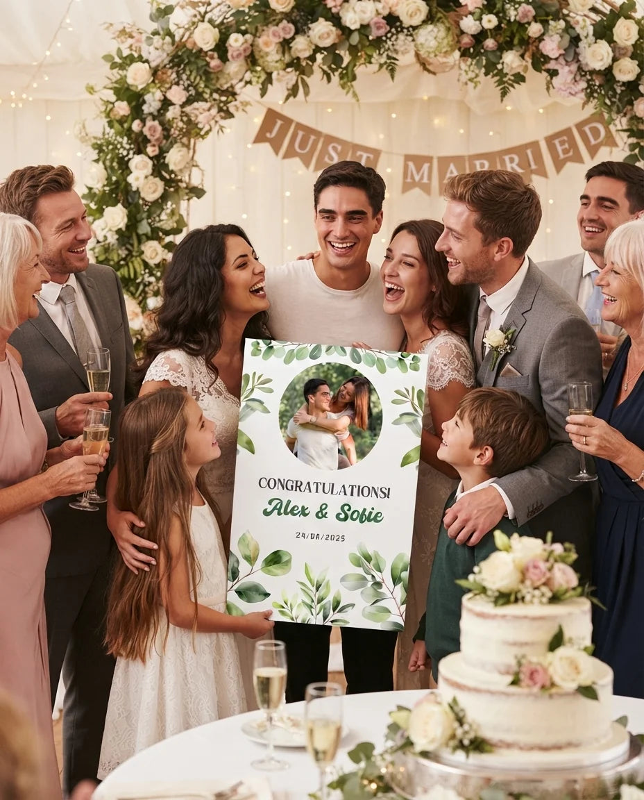 Friends and family celebrating with the personalised Botanical Theme Wedding Mega Card