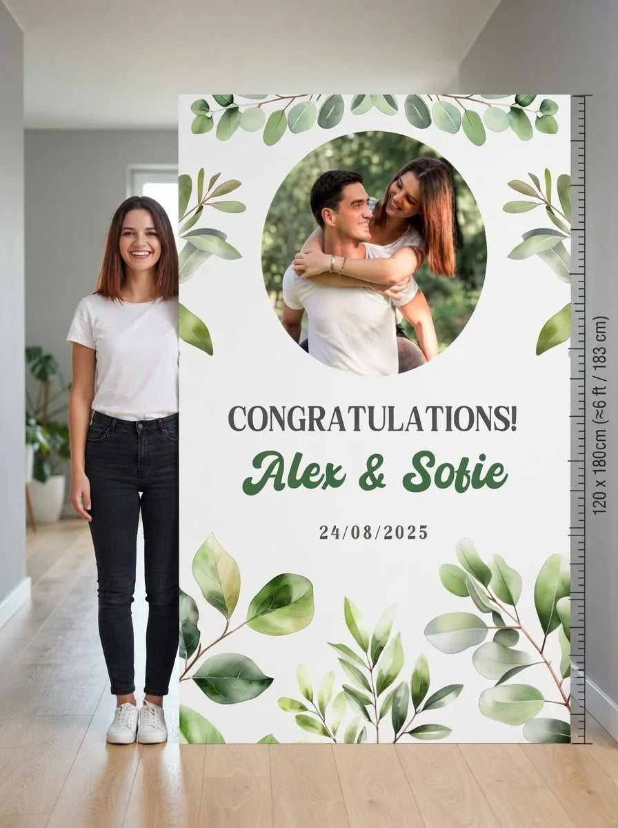 Person standing beside the Botanical Theme Wedding Mega Card for scale in a size guide