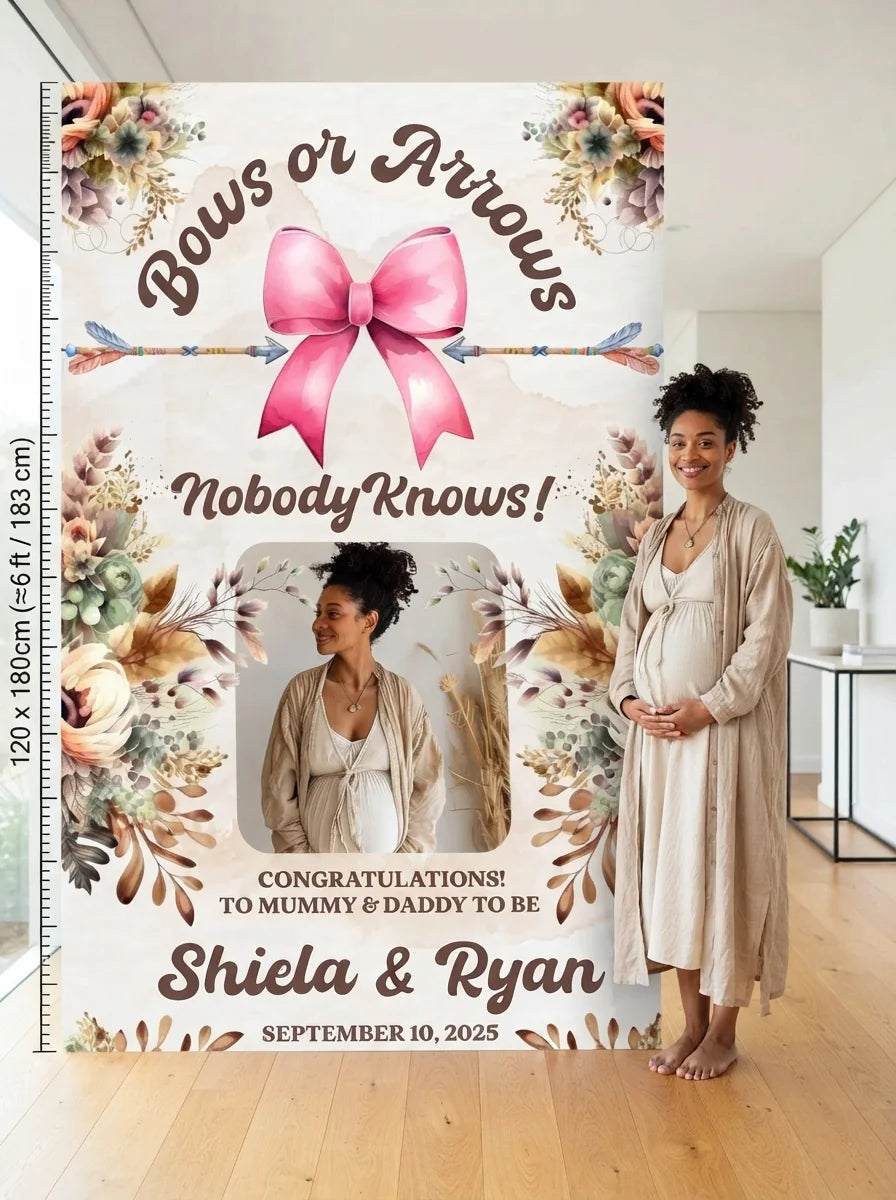 Person standing beside the Bows or Arrows Gender Reveal Mega Card for scale in a size guide