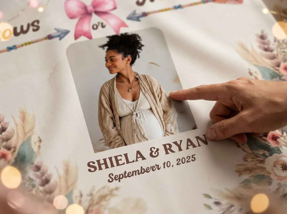 Close-up of the personalised name and photo printed on the Bows or Arrows Gender Reveal Party