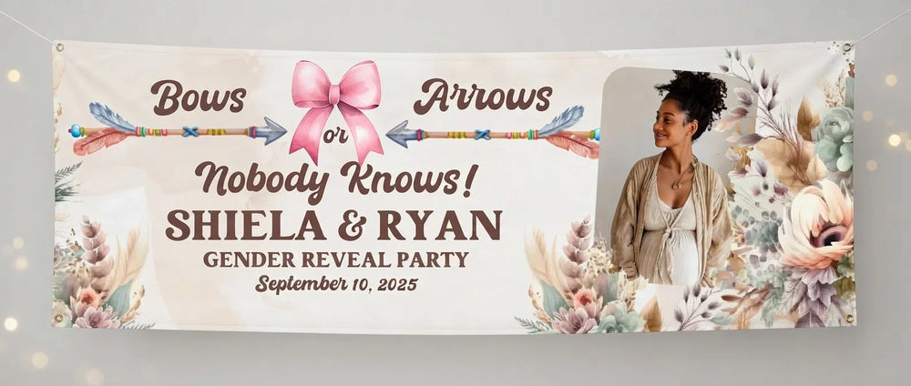 Personalised Bows or Arrows Gender Reveal Party displayed against a plain studio background