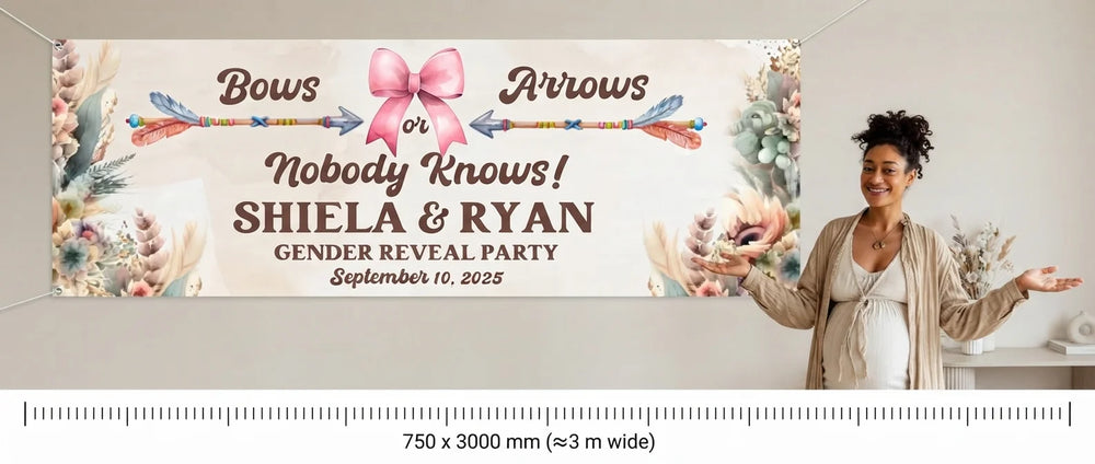 Person standing beside the Bows or Arrows Gender Reveal Party for scale, with size guide showing 750 x 3000 mm