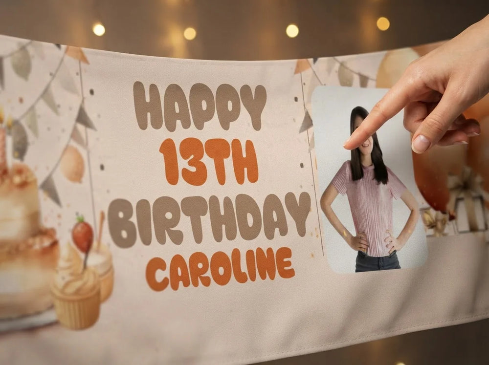 Close-up of the personalised name and photo printed on the Bronze Elegant Birthday Party Banner