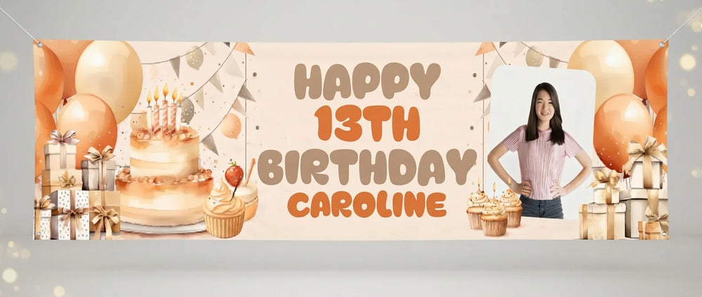 Personalised Bronze Elegant Birthday Party Banner displayed against a plain studio background