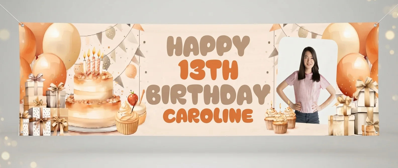 Personalised Bronze Elegant Birthday Party Banner displayed against a plain studio background