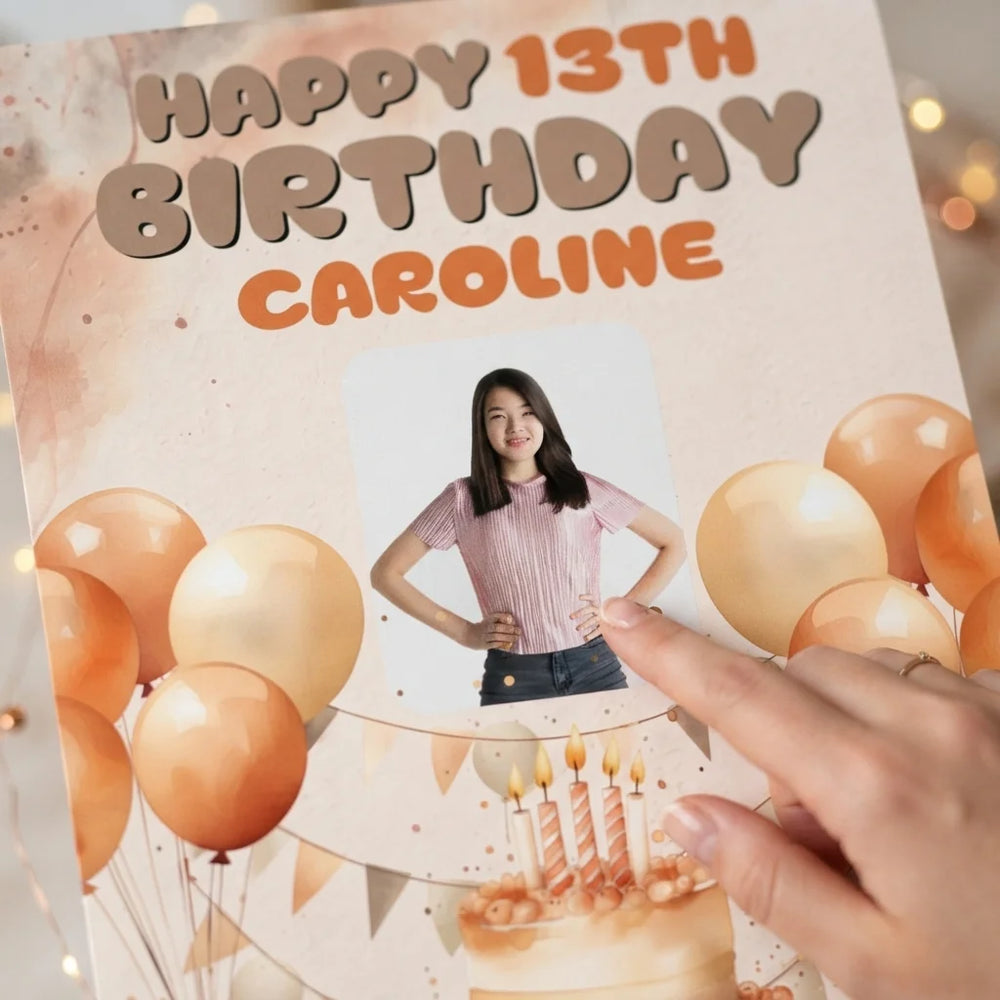 Close-up of the personalised name and photo printed on the Bronze Elegant Birthday Party Mega Card