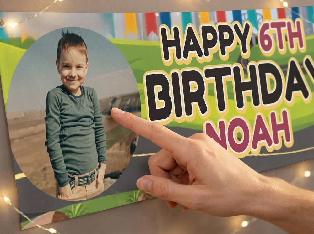 Close-up of the personalised name and photo printed on the Brum Birthday Banner