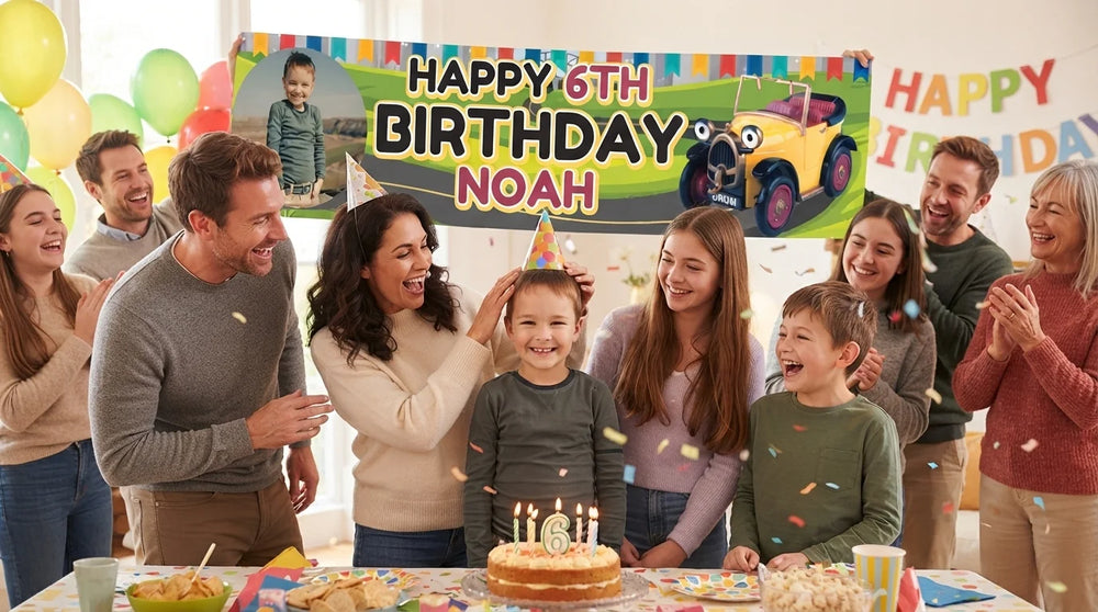 Friends and family celebrating with the personalised Brum Birthday Banner