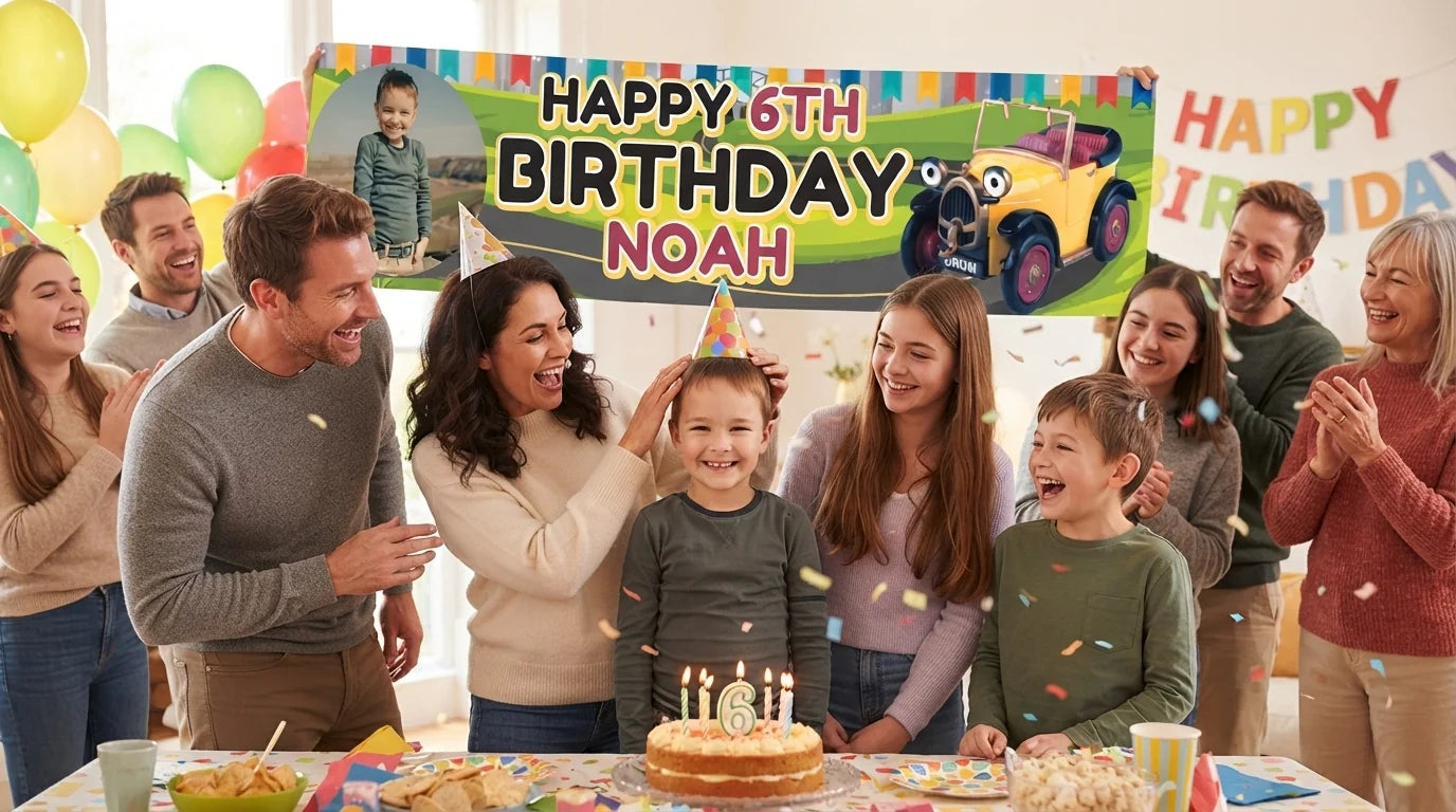 Friends and family celebrating with the personalised Brum Birthday Banner