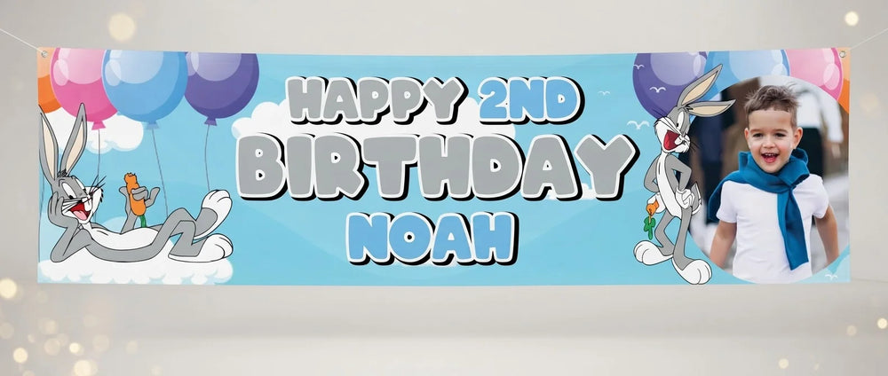 Personalised Bugs Bunny Birthday Banner displayed against a plain studio background