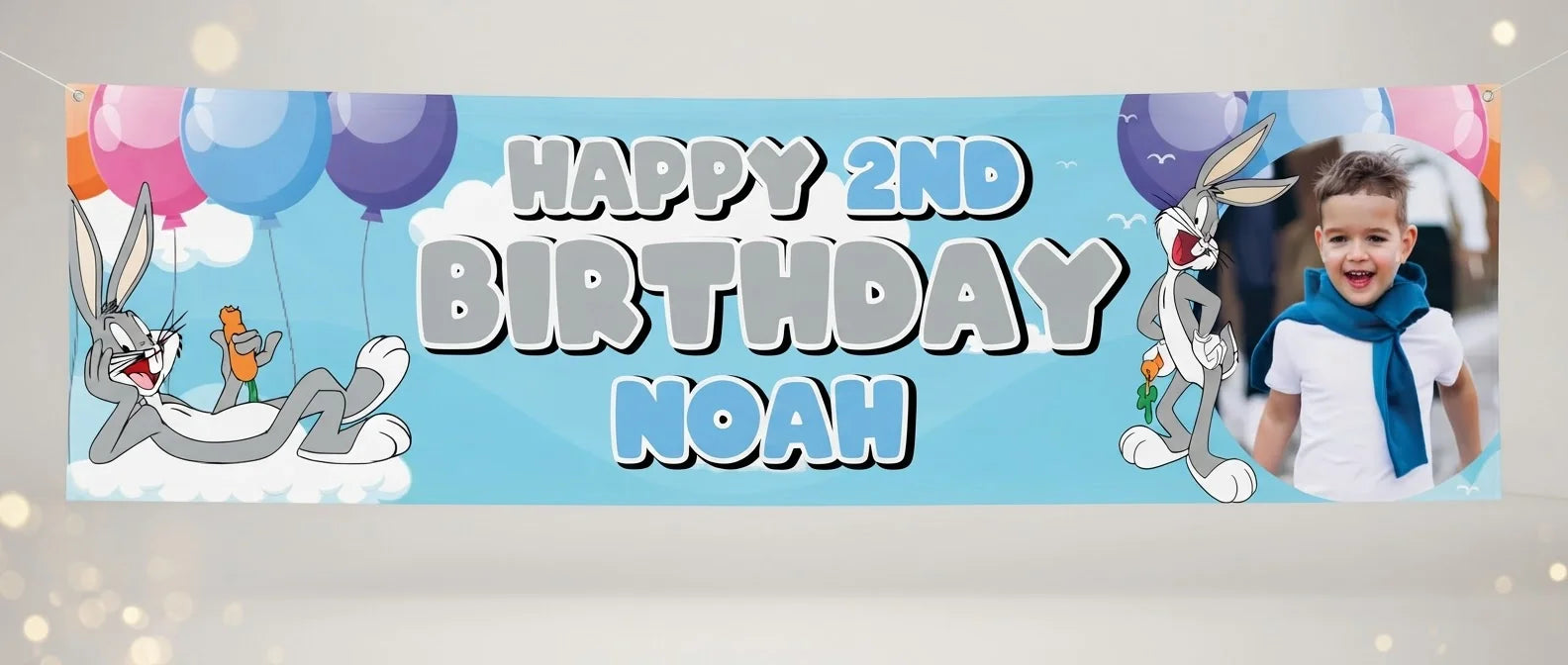 Personalised Bugs Bunny Birthday Banner displayed against a plain studio background