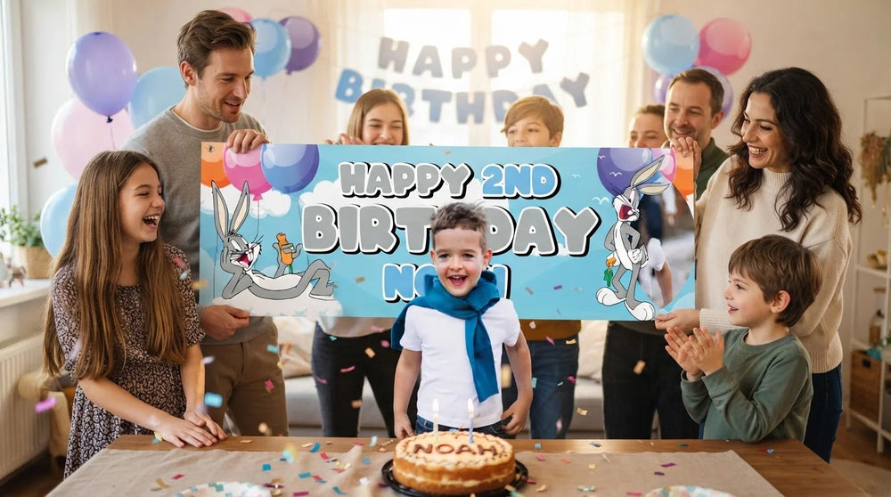 Friends and family celebrating with the personalised Bugs Bunny Birthday Banner