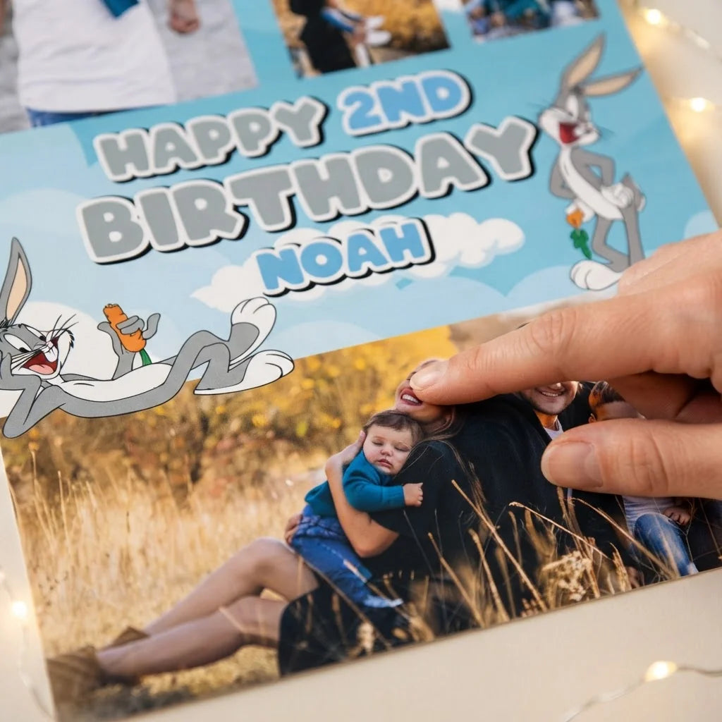 Close-up of the personalised name and photo printed on the Bugs Bunny Mega Card