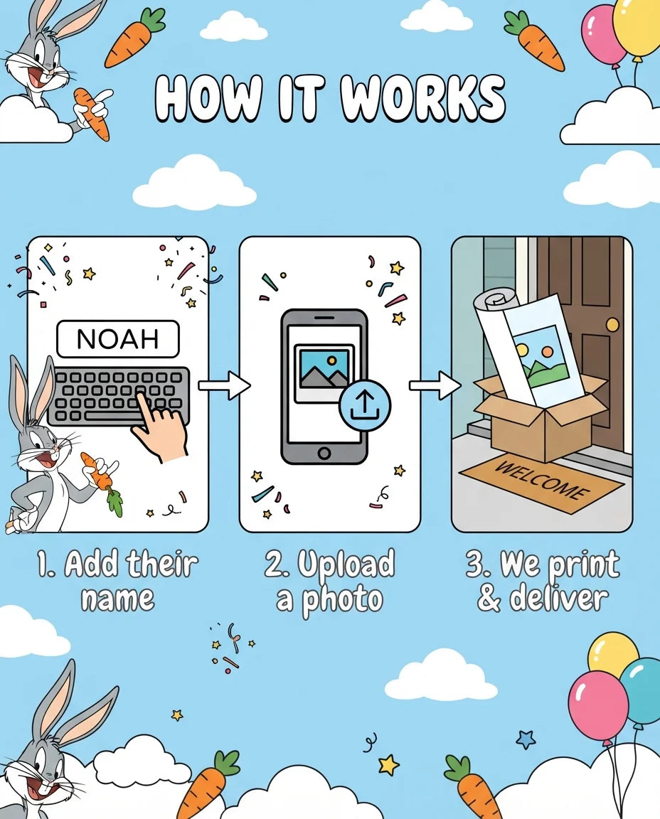 How it works: add a name, upload a photo, and we print and deliver the Bugs Bunny Mega Card